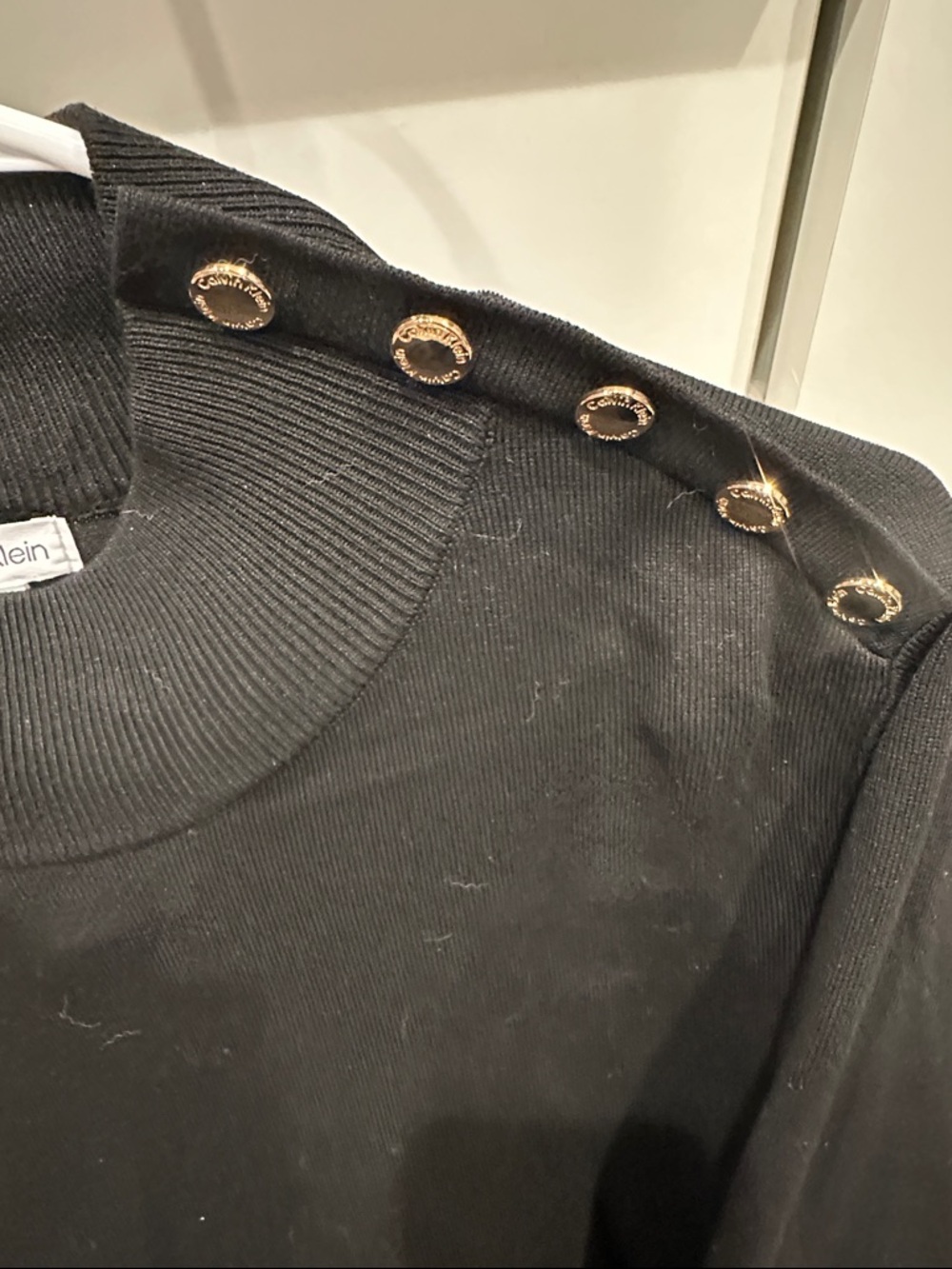 Calvin Klein Black Crewneck Sweater with Gold Button Accents - Picture 2 of 3